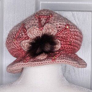 Handmade Pink Knit Hat with Faux Fur Accent